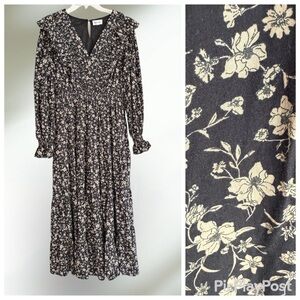 &Merci Black Floral Cottagecore Maxi Dress Size Medium Dark Romantic, Prairie